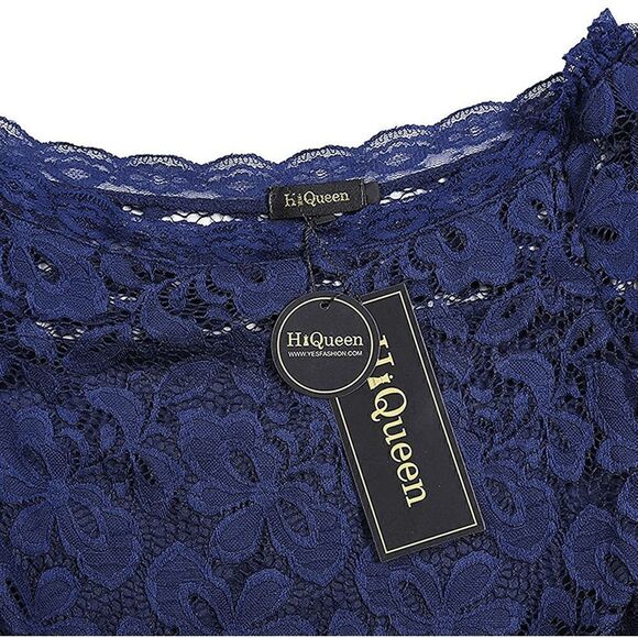 💙 Off Shoulder Lace Retro Pinup Vintage 1950s Long Sleeves Navy Dress L NWT - Picture 6 of 16